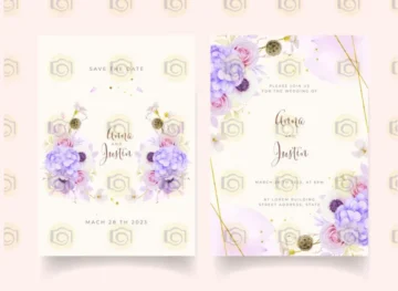 Wedding Save The Date Card Featuring Elegant Purple Flowers And Gold Foil Accents